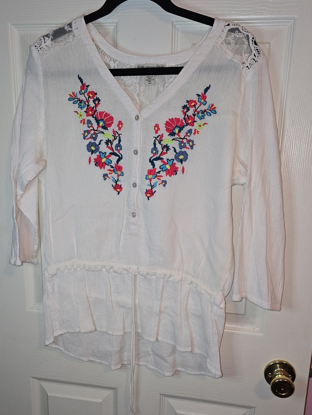 Vintage America White Tunic with Multicolor Floral Embroidery